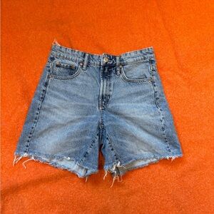 Zara Light Blue High-Waist Frayed Denim Shorts